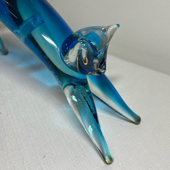 MURANO GLASS Blue Stretching Cat Figurine. - Picture 2 of 6